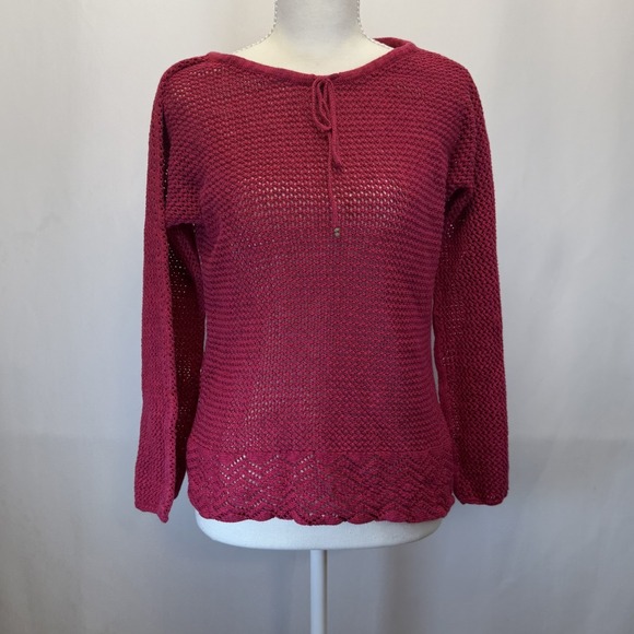 Talbots Sweaters - Talbots Petite Pink Open Knit Crochet Pullover Sweater with Tie Neck Size M